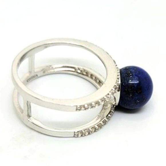 New Lapis Lazuli Round Bead Set Negative Space Diamond Simulant Ring Sz 9.5 - Picture 2 of 4